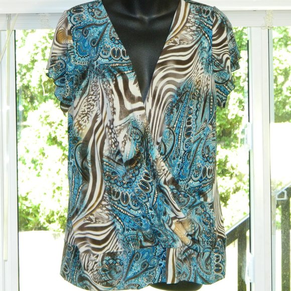 2 for/ $25 Jessica Cap Sleeve V-Neck Blouse Brown Blue Zebra Paisley Size 1X - Picture 3 of 16